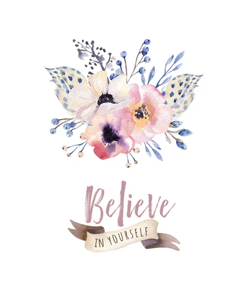 Bohemian Flower Bouquet Feather Believe Yourself Lettering — Stock Photo, Image