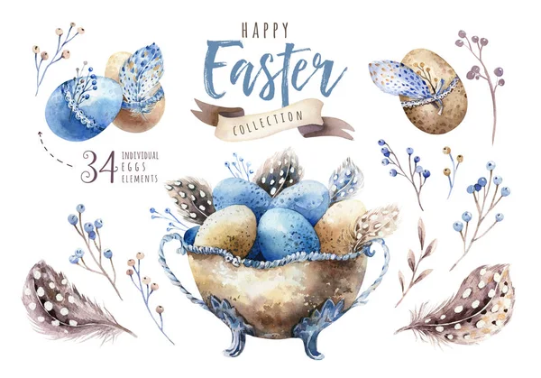 水彩快乐的复活节集鲜花 羽毛和鸡蛋 — 图库照片