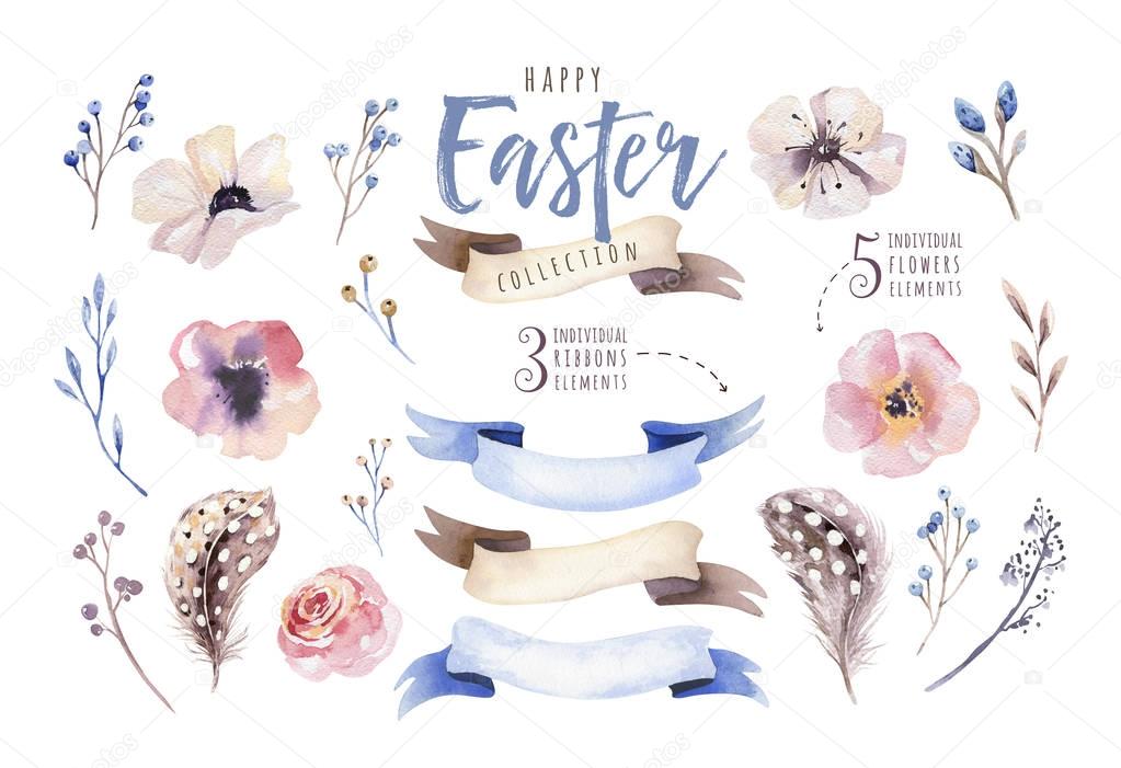 Watercolor set with flowers, feathers and ribbons isolated on white background.