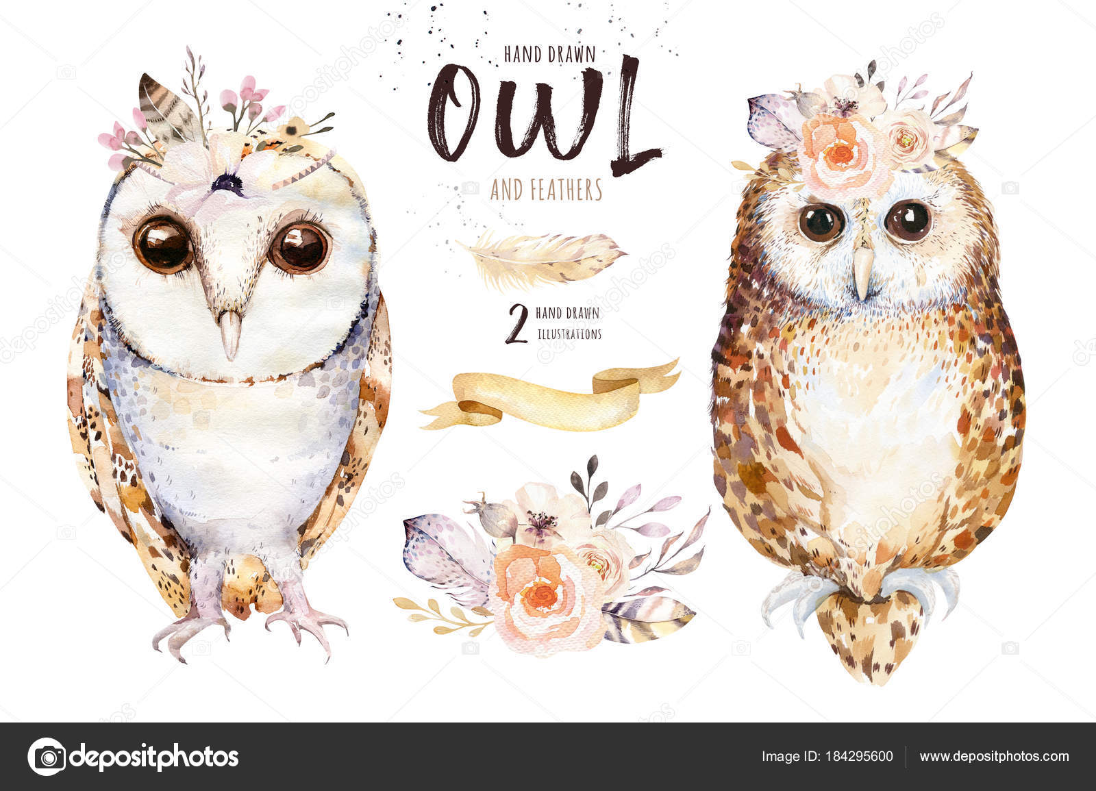 Owls with flowers and feathers Stock Photo by ©mykef 184295600
