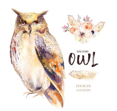 baykuş çiçek ve tüyleri ile