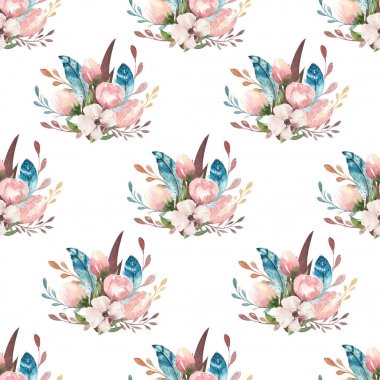 Çiçek çiçekler ve yapraklar, Bahar doğa illüstrasyon ile sorunsuz boho sulu boya duvar kağıdı. Vintage tasarım bohem davetiye, düğün veya tebrik kartları için