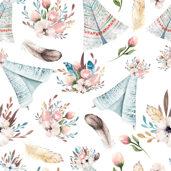 Nahtlose Boho-Aquarell-Tapete mit Blütenblumen und Blättern, Frühling Natur Illustration. Vintage-Design für Einladungen, Hochzeiten oder Grußkarten — Stockfoto