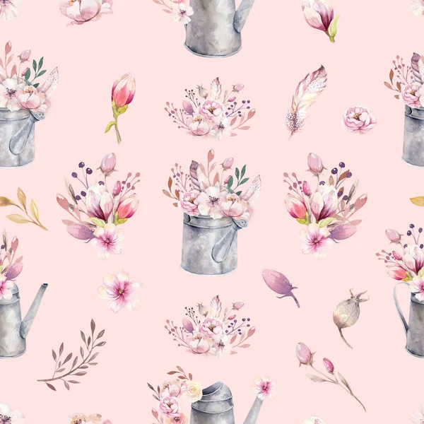 Watercolor vintage seamless pattern gardening tools rusty tin watering can for watering flowers. Hand drawn illustration with flower bouquets — Stock Photo, Image