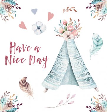 Teepee suluboya davetiyeli. Bohem Postert emplate çiçek yazdırılabilir duş davet. Suite Boho çiçek
