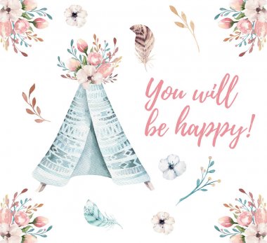Teepee suluboya davetiyeli. Bohem Postert emplate çiçek yazdırılabilir duş davet. Suite Boho çiçek