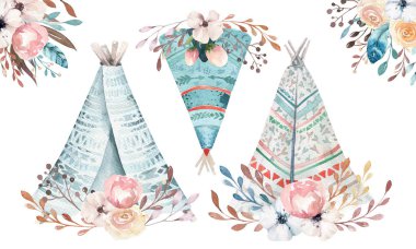 Elle çizilmiş suluboya kabile teepee izole beyaz kamp çadır. Boho Amerika geleneksel Kızılderili çadırı yerel süs. Oklar ve tüyler ile Hint tee pee