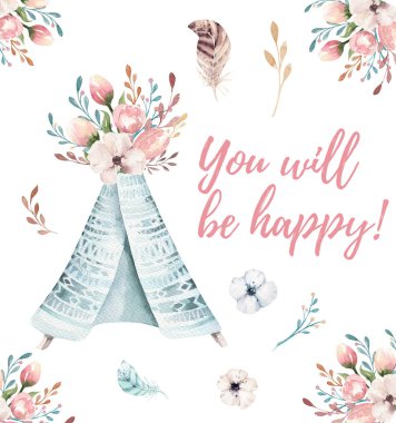 Teepee suluboya davetiyeli. Bohem Postert emplate çiçek yazdırılabilir duş davet. Suite Boho çiçek