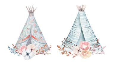 Elle çizilmiş suluboya kabile teepee izole beyaz kamp çadır. Boho Amerika geleneksel Kızılderili çadırı yerel süs. Oklar ve tüyler ile Hint tee pee