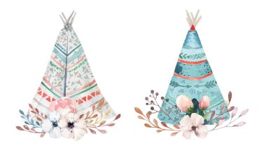Elle çizilmiş suluboya kabile teepee izole beyaz kamp çadır. Boho Amerika geleneksel Kızılderili çadırı yerel süs. Oklar ve tüyler ile Hint tee pee