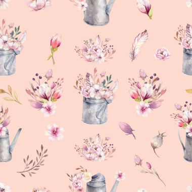 Suluboya vintage seamless modeli Bahçe araçları paslı teneke sulama çiçek sulama için olabilir. Çiçek buketleri ile çizilen illüstrasyon el