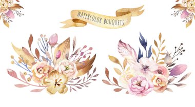 Boho çiçek kümesi. Renkli çiçek koleksiyonu yaprak ve çiçek, suluboya çizim ile. Bahar ya da yaz buket tasarım davet, düğün veya tebrik bohem kartı için
