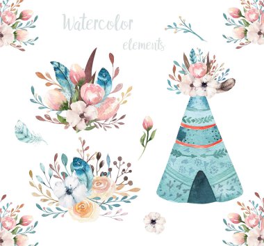 Elle çizilmiş suluboya kabile teepee izole beyaz kamp çadır. Boho Amerika geleneksel Kızılderili çadırı yerel süs. Oklar ve tüyler ile Hint tee pee