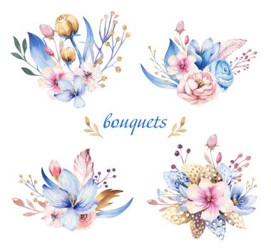 Boho çiçek kümesi. Renkli çiçek koleksiyonu yaprak ve çiçek, suluboya çizim ile. Bahar ya da yaz buket tasarım davet, düğün veya tebrik bohem kartı için