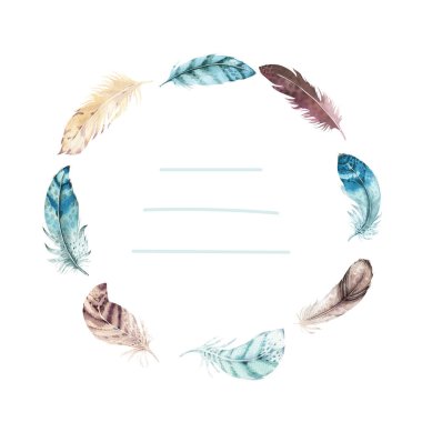 Elle çizilmiş suluboya canlı tüy küme. Boho tarzı. illüstrasyon izole beyaz. Kuş uçmak tüyler kartı düğün davetiyesi için tasarım. Rustik tüyleri parlak renkler.