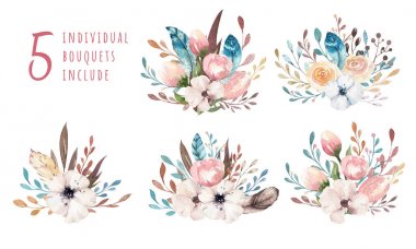 Suluboya boho çiçek illüstrasyon. Bohem bahar çiçek buketleri, çelenk, düğün, yıldönümü, doğum günü, davetiye, tebrik, kartları için düzenlemeler