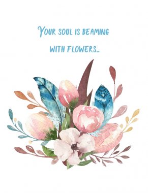 Suluboya boho çiçek illüstrasyon. Bohem bahar çiçek buketleri, çelenk, düğün, yıldönümü, doğum günü, davetiye, tebrik, kartları için düzenlemeler