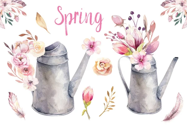 Akvarel vintage zahradnické nástroje rezavá plechová konev pro zalévání květiny. Ručně tažené ilustrace izolované na bílém pozadí. Retro květinové kytice — Stock fotografie