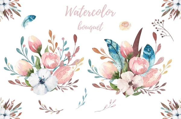 Watercolor boho ilustração floral. Buquês de flores da primavera boêmia, grinaldas, arranjos para o casamento, aniversário, aniversário, convites, saudações, cartões — Fotografia de Stock