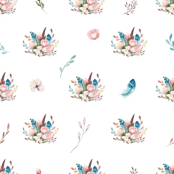 Fondo de pantalla de acuarela boho sin costuras con flores y hojas, ilustración de la naturaleza de primavera. Diseño vintage para invitaciones, bodas o tarjetas de felicitación bohemia —  Fotos de Stock