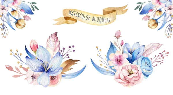 Boho bloem set. Kleurrijke bloemen collectie met bladeren en bloemen, aquarel tekenen. Lente of zomer boeket ontwerp voor uitnodiging, bruiloft of wenskaarten Boheemse kaart — Stockfoto