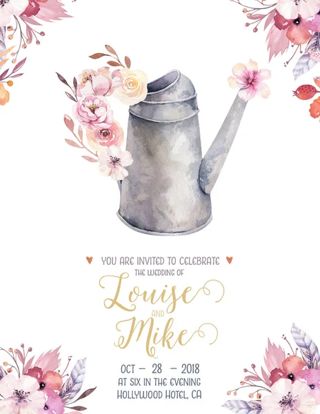 Watercolor vintage gardening tools rusty tin watering can for watering flowers. Hand drawn isolated illustration on white . Retro Flower bouquets — Stock Photo, Image