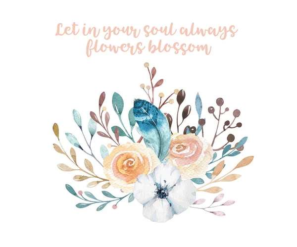 Watercolor boho ilustração floral. Buquês de flores da primavera boêmia, grinaldas, arranjos para o casamento, aniversário, aniversário, convites, saudações, cartões — Fotografia de Stock