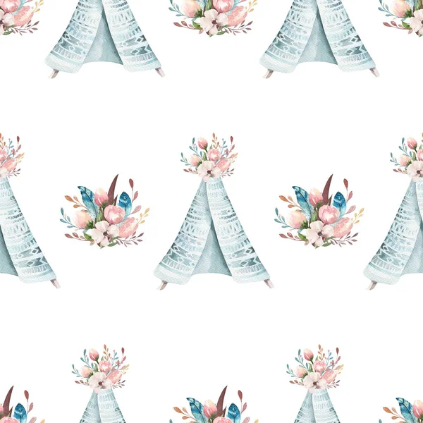 Fondo de pantalla de acuarela boho sin costuras con flores y hojas, ilustración de la naturaleza de primavera. Diseño vintage para invitaciones, bodas o tarjetas de felicitación bohemia — Foto de Stock