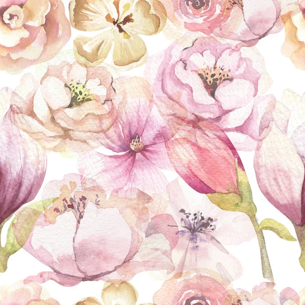 Χωρίς συγκόλληση boho μοτίβο με μεγάλα λουλούδια ακουαρέλα με παιώνιες. Άνθος μποέμ άνοιξη floral διακόσμηση backgraund. Ύφασμα ροζ τριαντάφυλλο ζωγραφική — Φωτογραφία Αρχείου