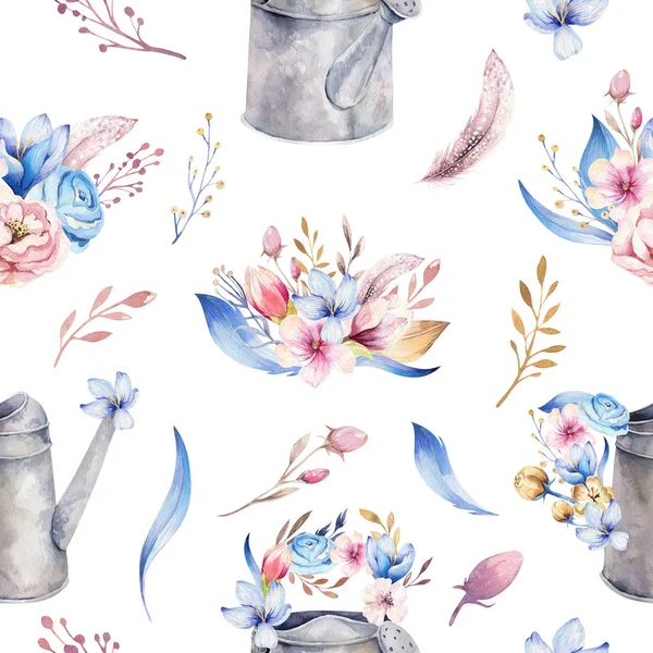 Aquarelle vintage sans couture modèle jardinage outils rouillé arrosoir étain pour arroser les fleurs. Illustration dessinée à la main avec bouquets de fleurs — Photo