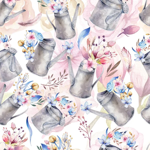 Watercolor vintage seamless pattern gardening tools rusty tin watering can for watering flowers. Hand drawn illustration with flower bouquets