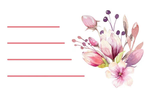Set de flores Boho. Colección floral colorida con hojas y flores, dibujo acuarela. Diseño de ramo de primavera o verano para invitación, boda o felicitación tarjeta bohemia —  Fotos de Stock