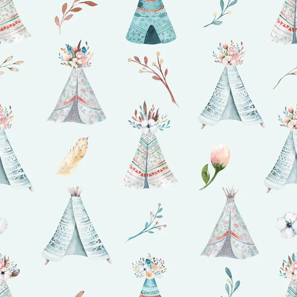 Fondo de pantalla de acuarela boho sin costuras con flores y hojas, ilustración de la naturaleza de primavera. Diseño vintage para invitaciones, bodas o tarjetas de felicitación bohemia —  Fotos de Stock