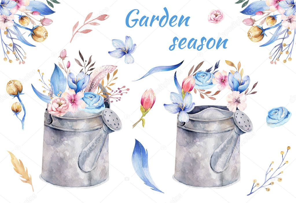Watercolor vintage gardening tools rusty tin watering can for watering flowers. Hand drawn isolated illustration on white . Retro Flower bouquets