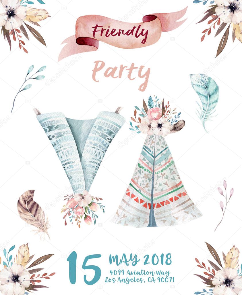 Watercolor Invitation card with teepee. Bohemian PosterT emplate Floral Printable Shower Invitation. Suite Boho Flower