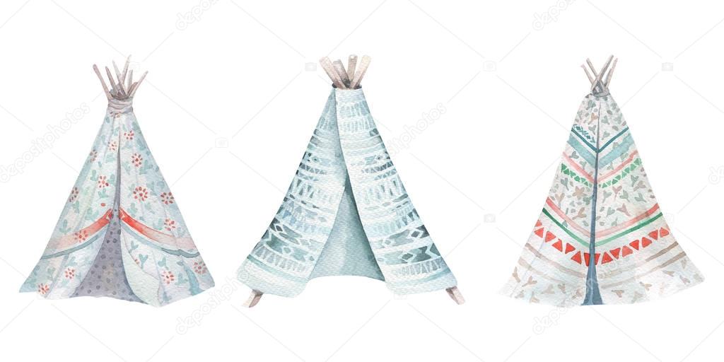 Hand drawn watercolor tribal teepee, isolated white campsite tent. Boho America traditional wigwam native ornament. Indian tee-pee with arrows and feathers