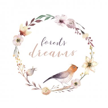 Vintage suluboya çelenk çiçek, Bahçe ve kır çiçekleri kuşları çiçekler, illüstrasyon izole, kuş ve tüyler, bohenian çiçek decoratoin tasarım unsurları