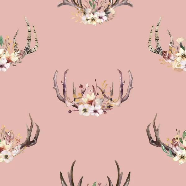 Tribal seamless pattern of watercolor floral boho antler print. western boho decoration. Hand drawn vintage deer horns with flowers, leaves and herbs. Eco style hipster
