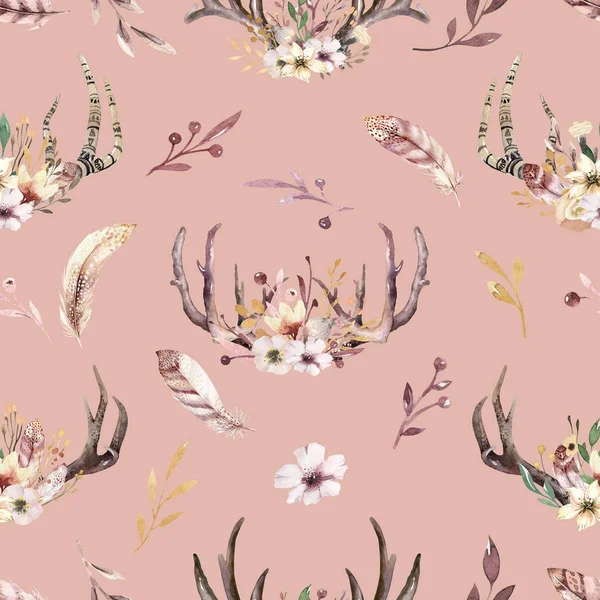 Tribal seamless pattern of watercolor floral boho antler print. western boho decoration. Hand drawn vintage deer horns with flowers, leaves and herbs. Eco style hipster — Stock Photo, Image