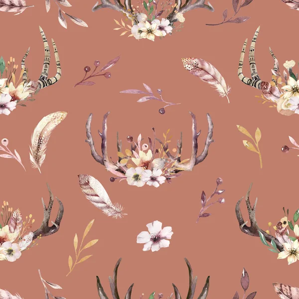 Tribal seamless pattern of watercolor floral boho antler print. western boho decoration. Hand drawn vintage deer horns with flowers, leaves and herbs. Eco style hipster — Stock Photo, Image