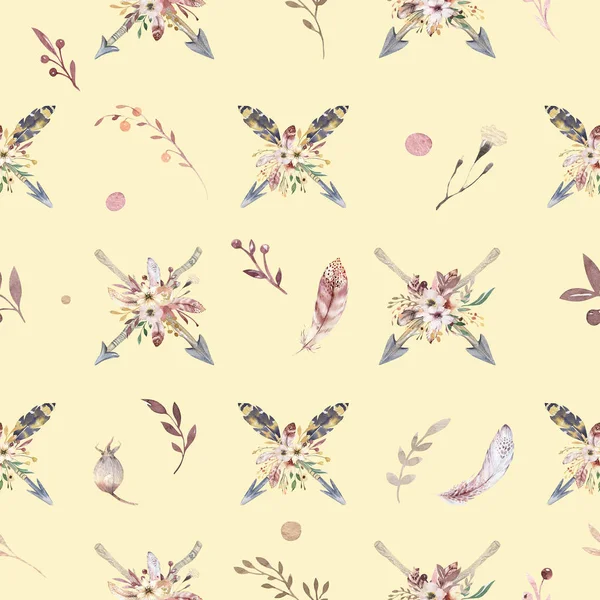 Boho απρόσκοπτη ακουαρέλα μοτίβο βέλη και τα άγρια λουλούδια, φύλλα, κλαδιά, λουλούδια, εικονογράφηση απομονωμένη, πουλιών και φτερά, ανθοδέσμες διακόσμηση bohenian — Φωτογραφία Αρχείου