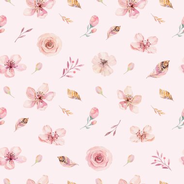 Boho Dikişsiz suluboya desen tüyler ve vahşi çiçekler, yapraklar, dallar çiçek, illüstrasyon, sevgi ve tüyler, bohem dekorasyon bahar çiçeği, Sevgililer günü