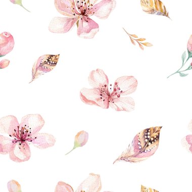 Boho Dikişsiz suluboya desen tüyler ve vahşi çiçekler, yapraklar, dallar çiçek, illüstrasyon, sevgi ve tüyler, bohem dekorasyon bahar çiçeği, Sevgililer günü