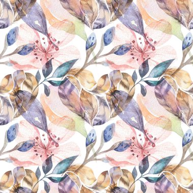 Boho Dikişsiz suluboya desen tüyler ve vahşi çiçekler, yapraklar, dallar çiçek, illüstrasyon, sevgi ve tüyler, bohem dekorasyon bahar çiçeği, Sevgililer günü