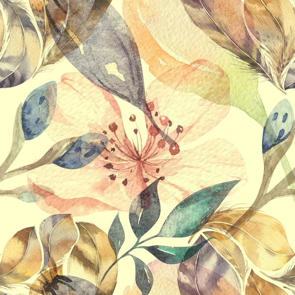 Boho Akvarel Vzor Bezešvé Peří Divoké Květiny Listy Větve Květiny — Stock fotografie