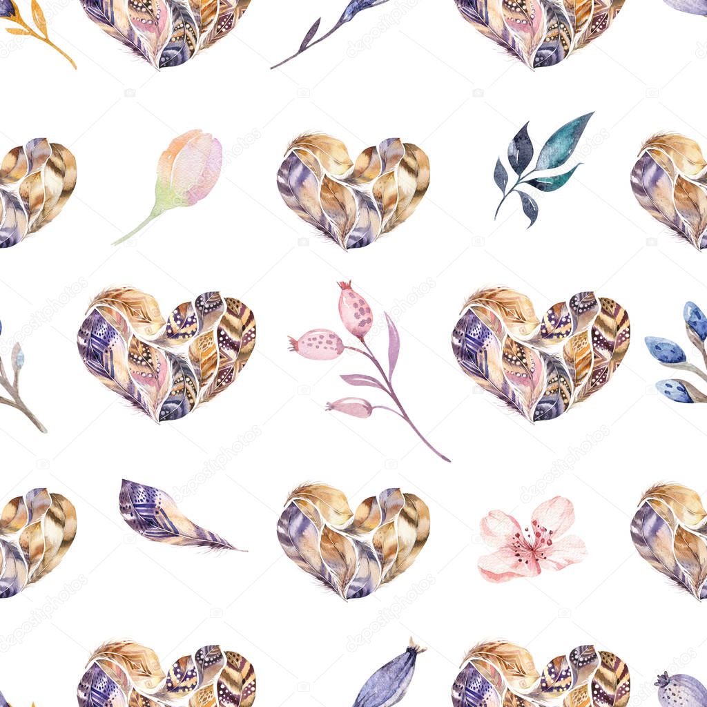 Boho seamless watercolor pattern of feathers and wild flowers, leaves, branches flowers, illustration, love and feathers, bohemian decoration spring blossom, valentines day
