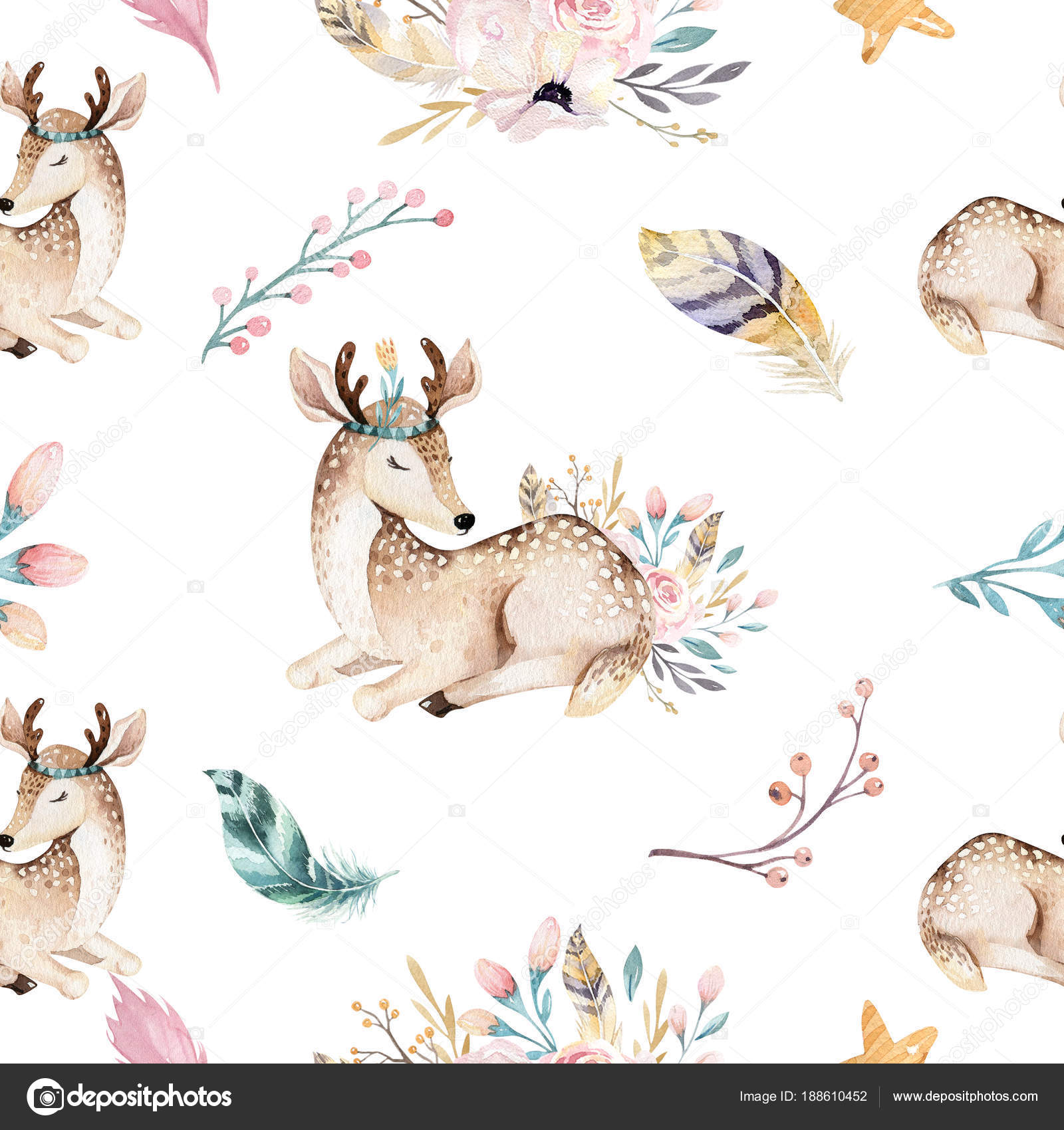 수채색이 귀여운 사슴을 감싸고 있다.흰색 배경에 스톡 일러스트 770229670 | Shutterstock, image size:1600x1700