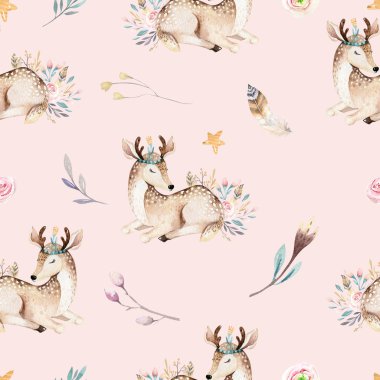 Şirin aile bebek raccon, geyik ve bunny. hayvan kreş zürafa ve izole ayı illüstrasyon. Suluboya boho raccon kreş Dikişsiz desen çizimi. Çocuklar arka plan, kreş yazdırma