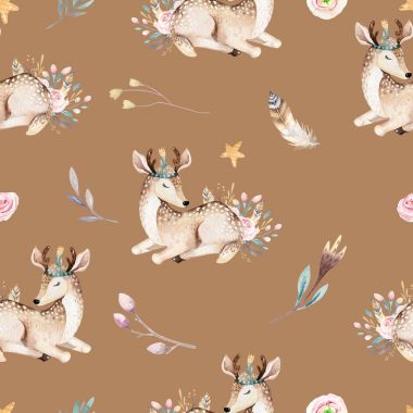 Şirin aile bebek raccon, geyik ve bunny. hayvan kreş zürafa ve izole ayı illüstrasyon. Suluboya boho raccon kreş Dikişsiz desen çizimi. Çocuklar arka plan, kreş yazdırma