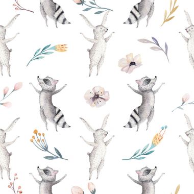 Şirin aile bebek raccon, geyik ve bunny. hayvan kreş zürafa ve izole ayı illüstrasyon. Suluboya boho raccon kreş Dikişsiz desen çizimi. Çocuklar arka plan, kreş yazdırma